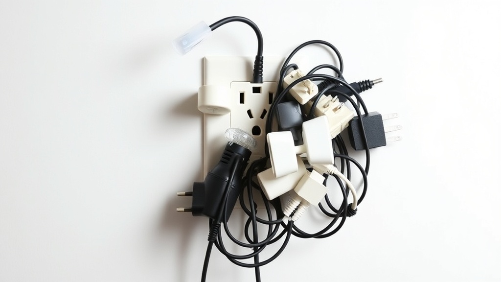 벽면 콘센트에 여러 개의 플러그가 복잡하게 꽂혀 있어 대기전력 소모가 우려되는 상황